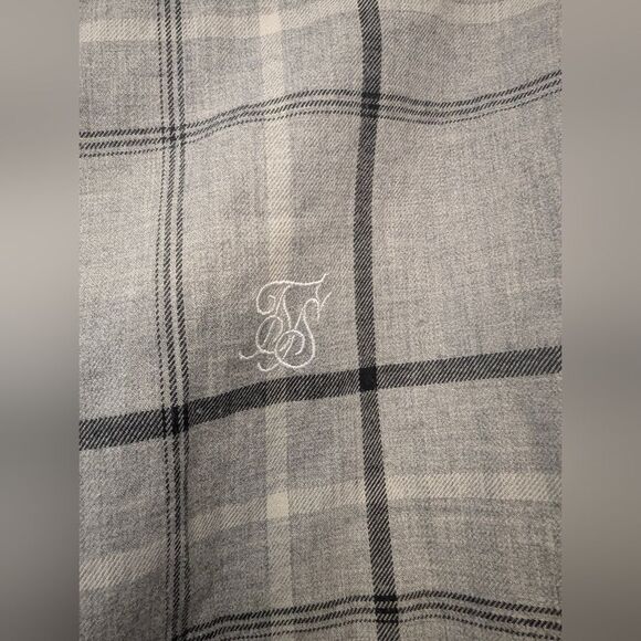 SikSilk flannel check grandad collar shirt contrast Gray Plaid Button-Up L - Picture 8 of 10